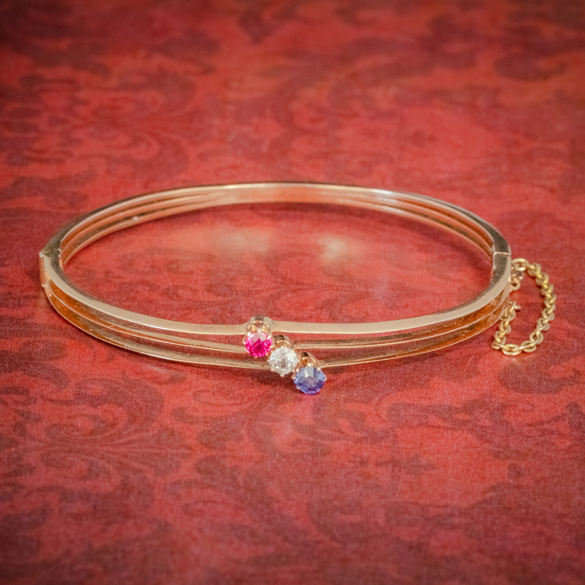 ANTIQUE EDWARDIAN DIAMOND SAPPHIRE RUBY BANGLE 15CT ROSE GOLD CIRCA 1910 COVER Main image