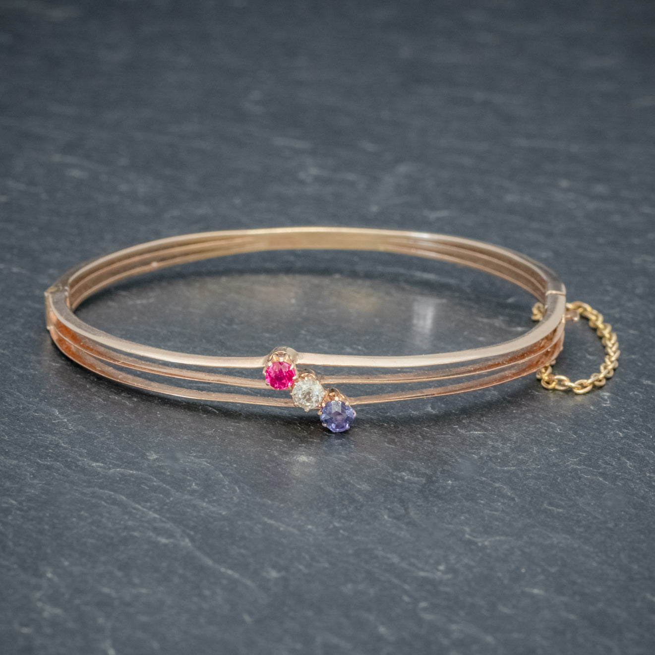 ANTIQUE EDWARDIAN DIAMOND SAPPHIRE RUBY BANGLE 15CT ROSE GOLD CIRCA 1910 Secondary image