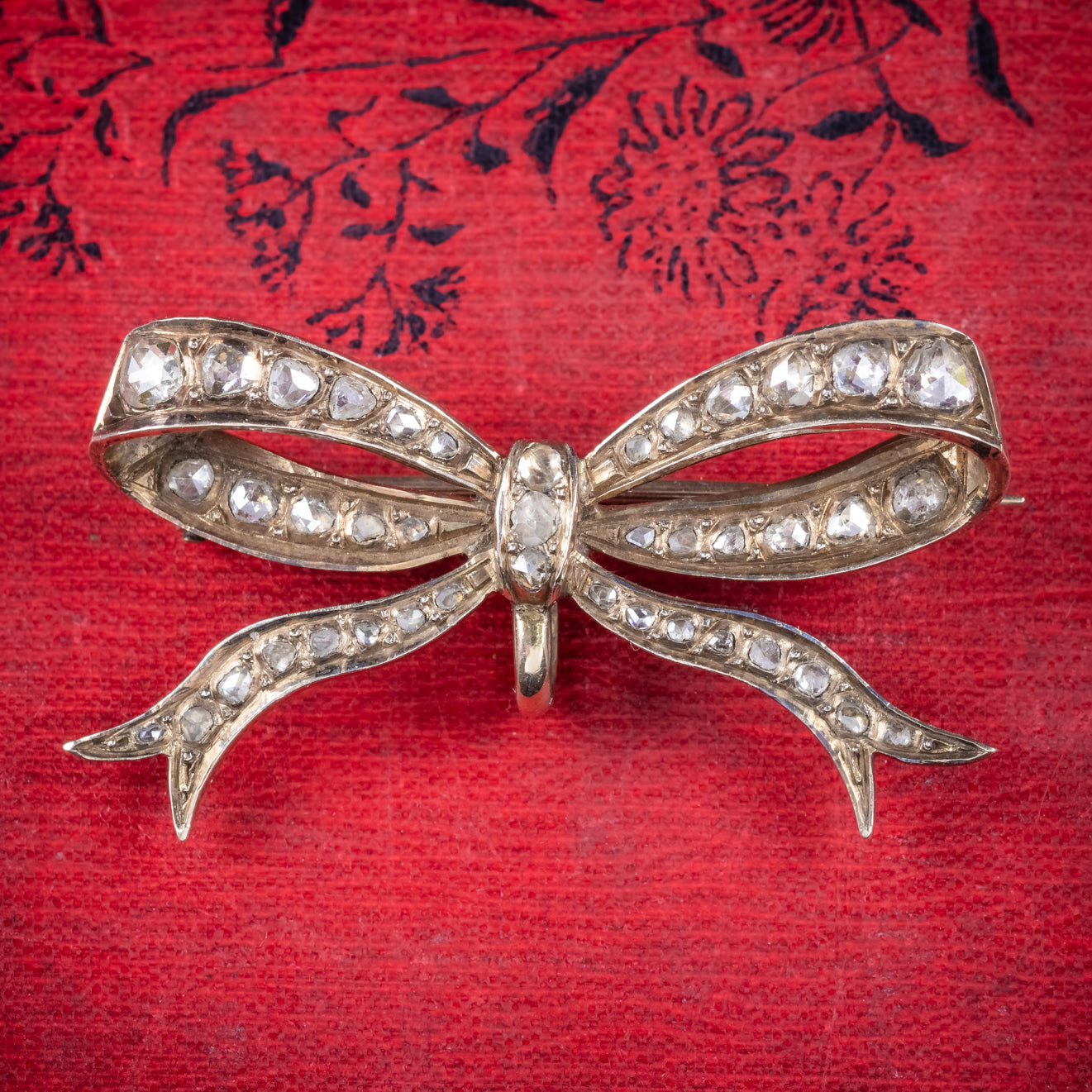 Antique Edwardian Rose Cut Diamond Bow Brooch 18ct Gold Circa 1910 Boxed cover Main image