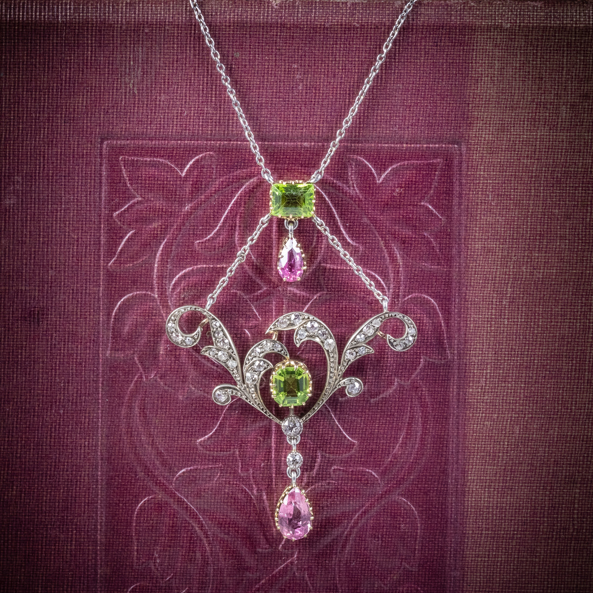 Antique Edwardian Suffragette Pendant Necklace Diamond Peridot Spinel Platinum Circa 1915 cover Main image