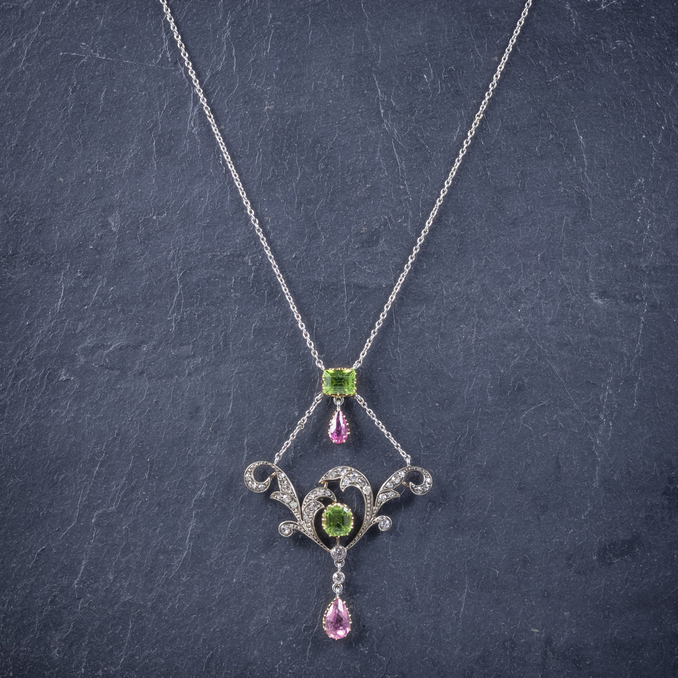 Antique Edwardian Suffragette Pendant Necklace Diamond Peridot Spinel Platinum Circa 1915 Secondary image