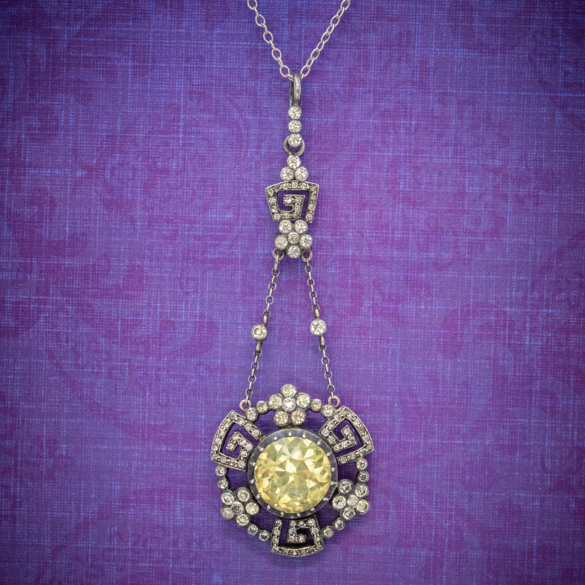 Antique Georgian Yellow Paste Stone Drop Pendant Necklace Silver Circa 1800 COVER Main image