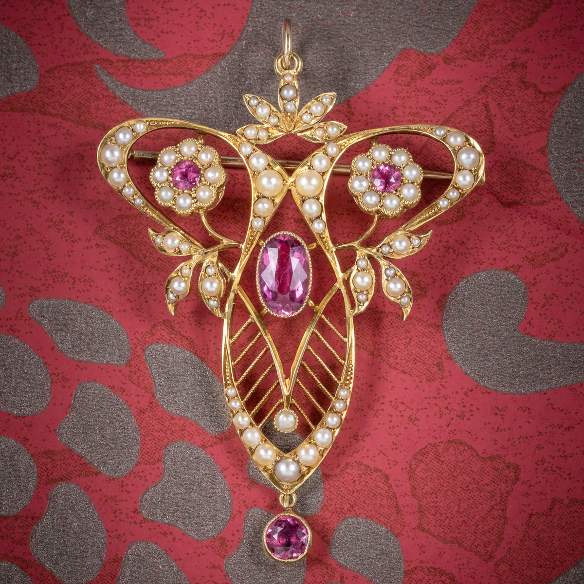 Antique Victorian 15ct Gold Pink Tourmaline Pearl Pendant Brooch Circa 1900 cover Main image