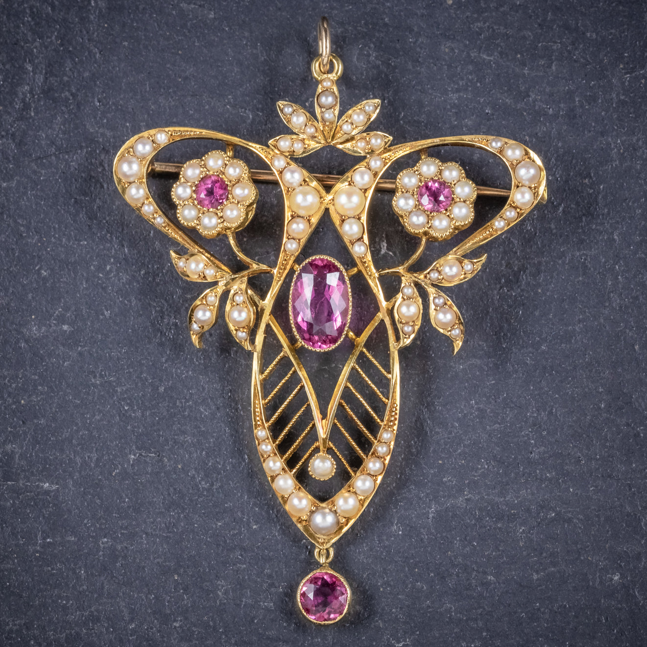 Antique Victorian 15ct Gold Pink Tourmaline Pearl Pendant Brooch Circa 1900 Secondary image