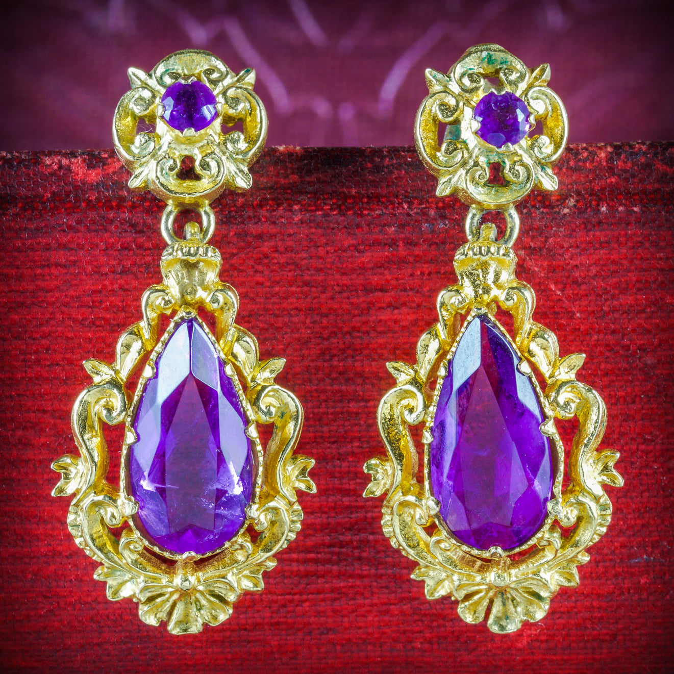 ANTIQUE VICTORIAN AMETHYST DROP EARRINGS 18CT GOLD CIRCA 1900 COVER Main image