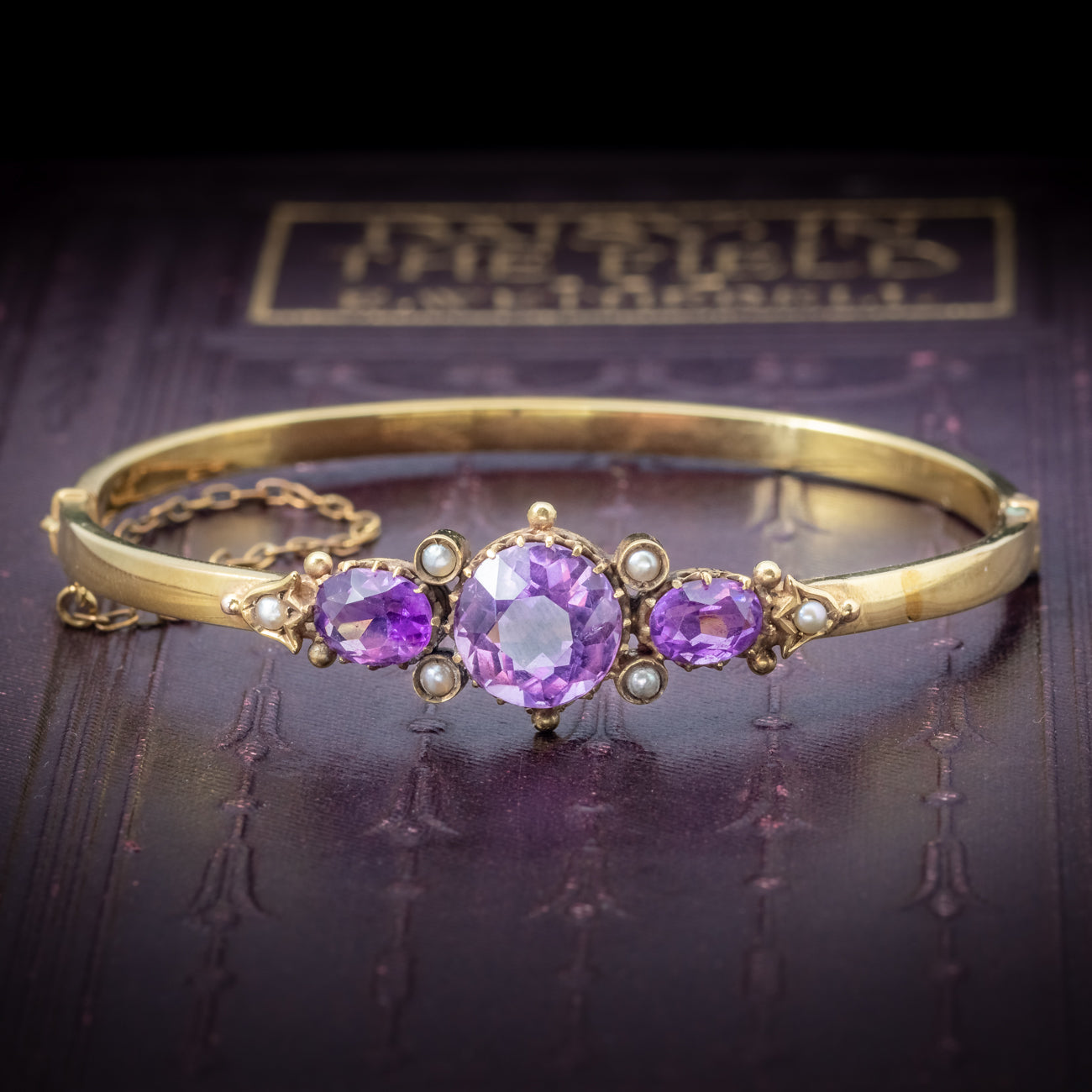 Antique Victorian Amethyst Pearl Bangle 9ct Gold Circa 1900 cover Main image