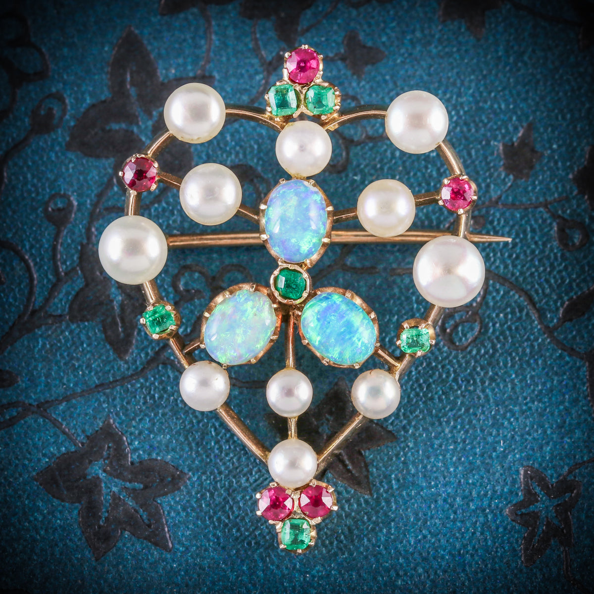 ANTIQUE VICTORIAN BROOCH EMERALD RUBY PEARL OPAL 18CT GOLD CIRCA 1900 COVER Main image