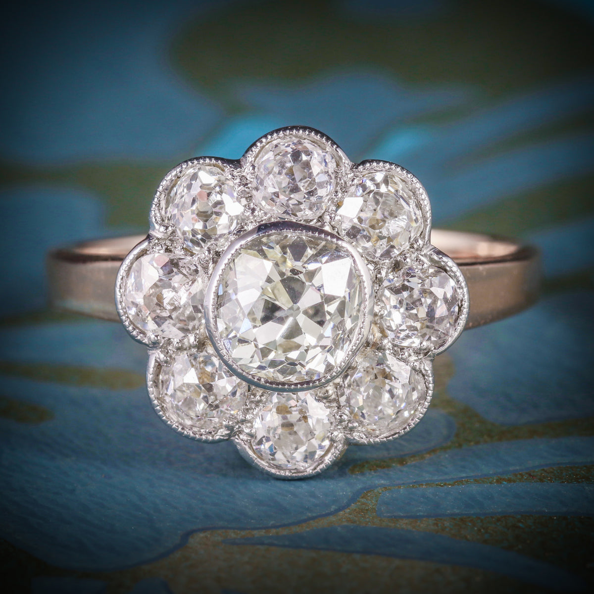 ANTIQUE VICTORIAN DIAMOND CLUSTER RING 2.80CT OLD CUSHION CUT DIAMOND ROSE GOLD COVER Main image
