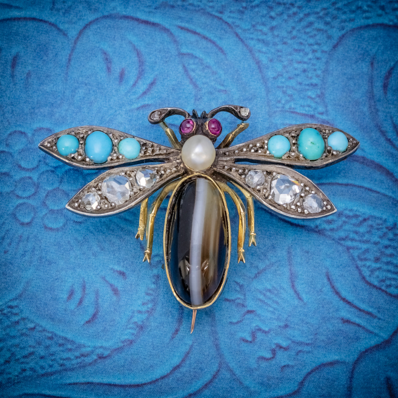 ANTIQUE VICTORIAN INSECT BROOCH DIAMOND TURQUOISE PEARL AGATE SILVER 18CT GOLD CIRCA 1880 COVER Main image