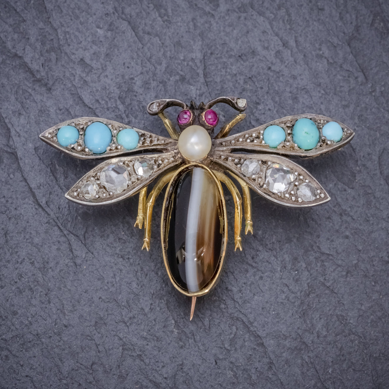 ANTIQUE VICTORIAN INSECT BROOCH DIAMOND TURQUOISE PEARL AGATE SILVER 18CT GOLD CIRCA 1880 Secondary image