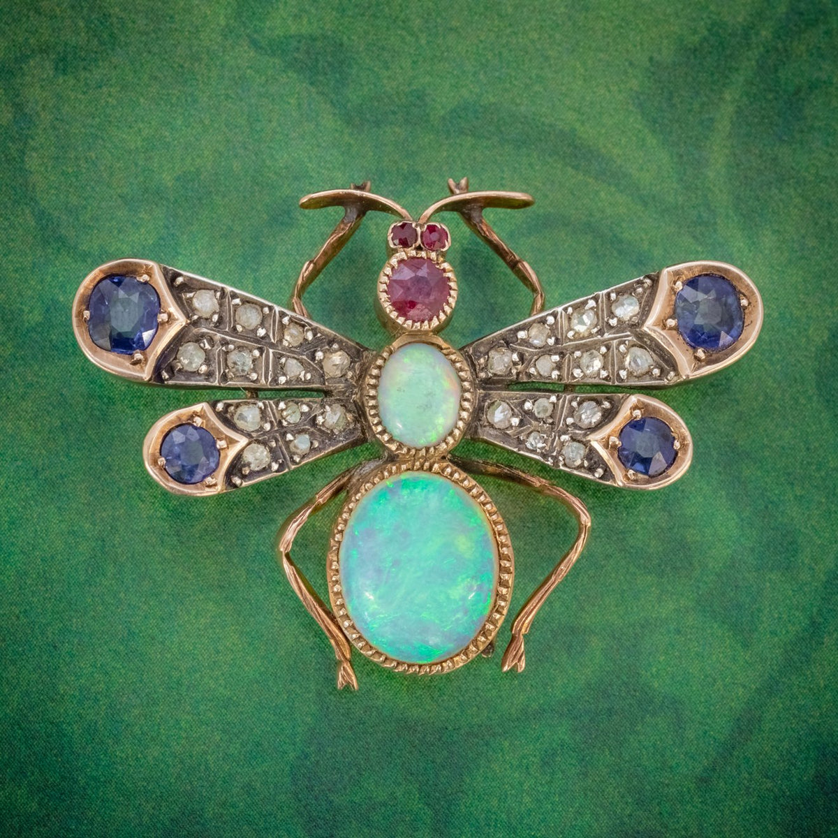 ANTIQUE VICTORIAN INSECT BROOCH OPAL DIAMOND RUBY SAPPHIRE 18CT GOLD CIRCA 1880 COVER Main image