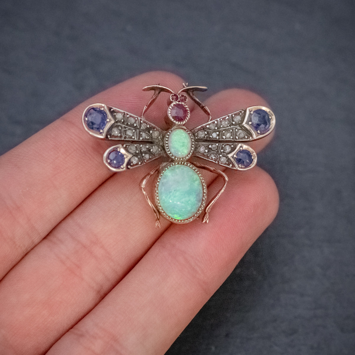 ANTIQUE VICTORIAN INSECT BROOCH OPAL DIAMOND RUBY SAPPHIRE 18CT GOLD CIRCA 1880 HAND