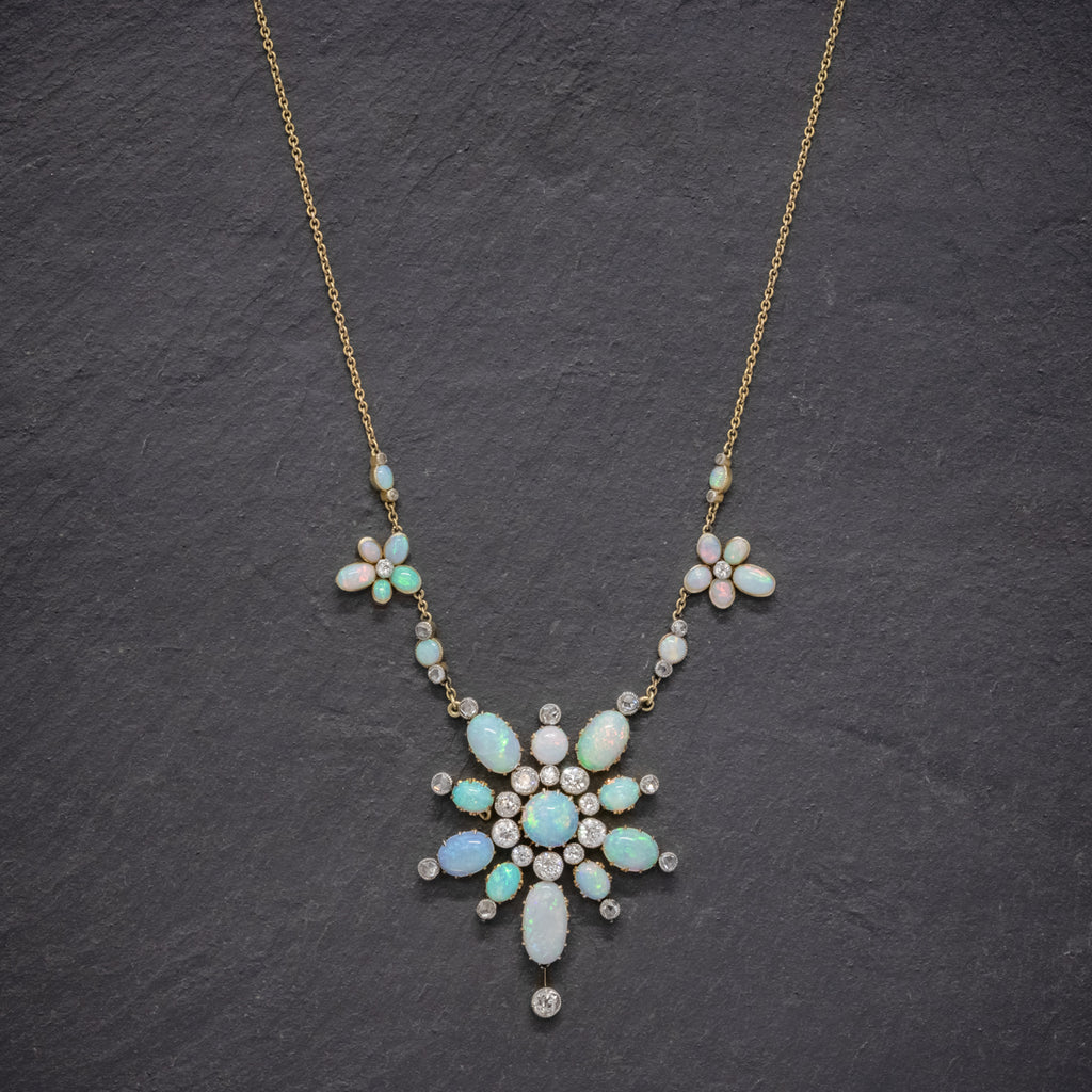 ANTIQUE VICTORIAN OPAL DIAMOND NECKLACE 20CT OPAL 5CT DIAMOND 18CT GOLD CIRCA 1900 NECK