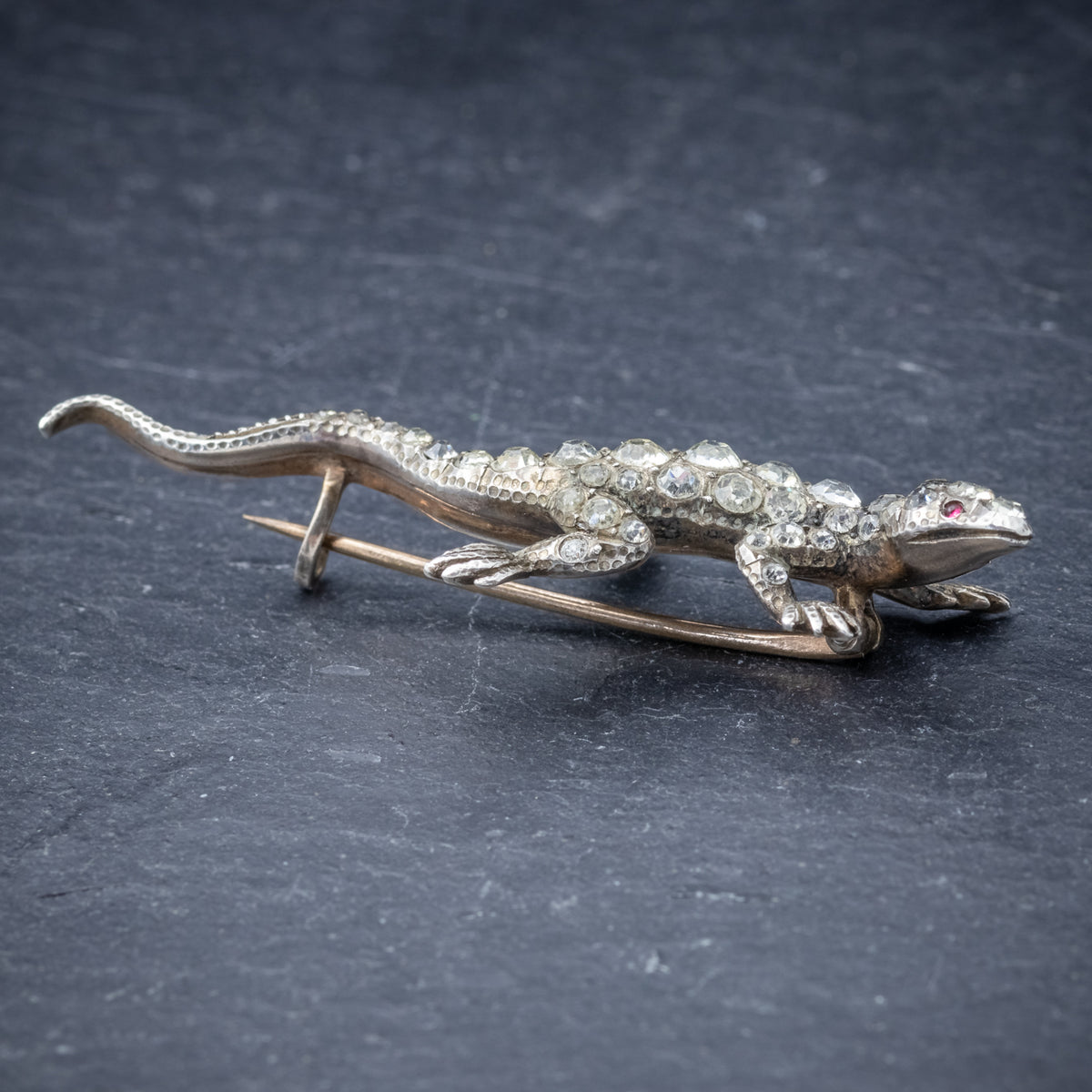 Antique Victorian Paste Stone Lizard Brooch Silver Circa 1900 SIDE