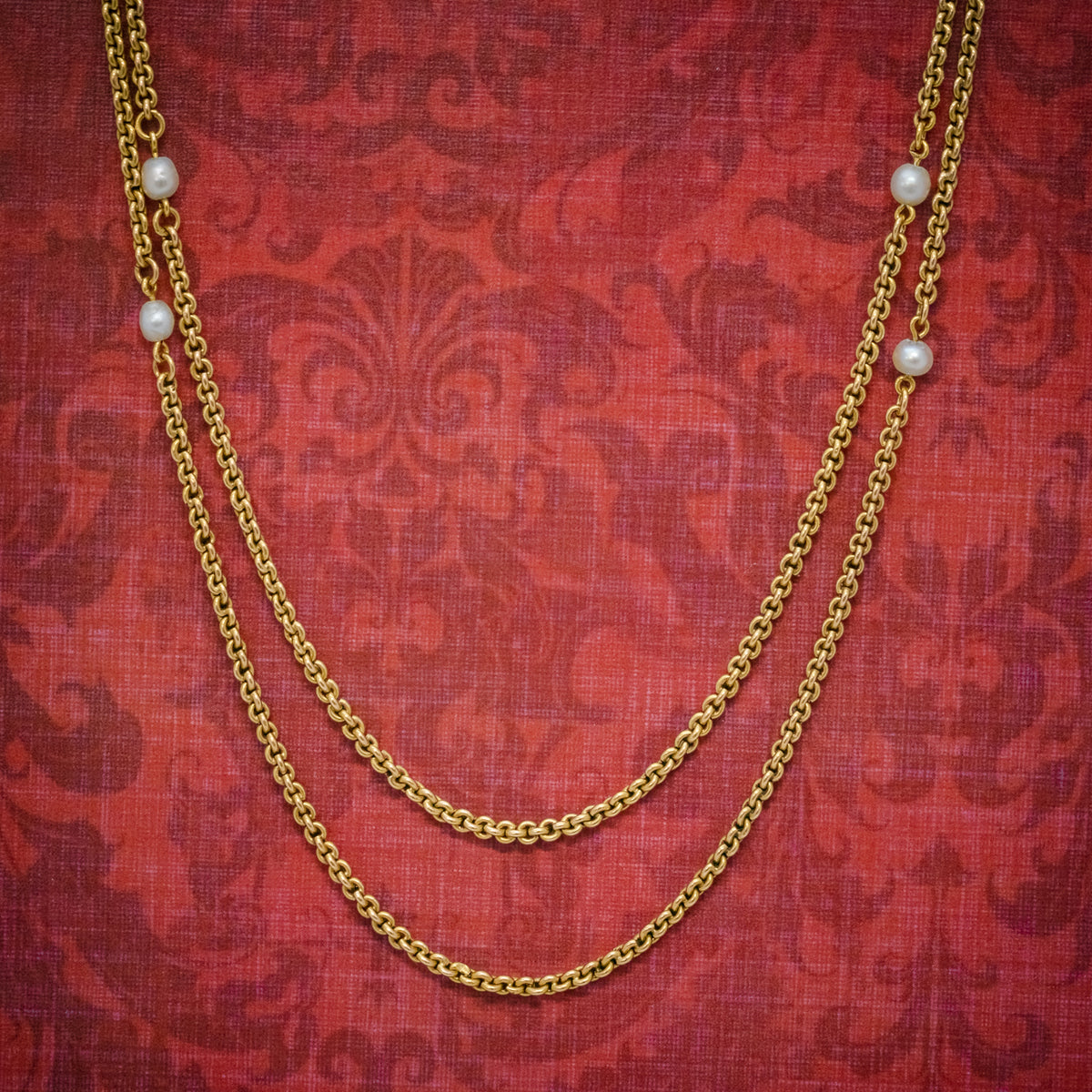 ANTIQUE VICTORIAN PEARL GUARD CHAIN 15CT GOLD LINK NECKLACE CIRCA 1900 COVER Main image