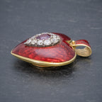 ANTIQUE VICTORIAN RUBY DIAMOND RED GUILLOCHE ENAMEL HEART PENDANT LOCKET 18CT GOLD SIDE