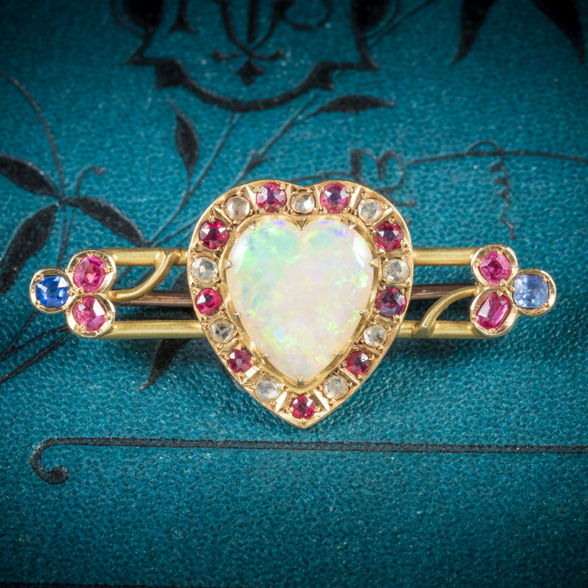 Antique Victorian Ruby Sapphire Opal Heart Brooch 18ct Gold Main image