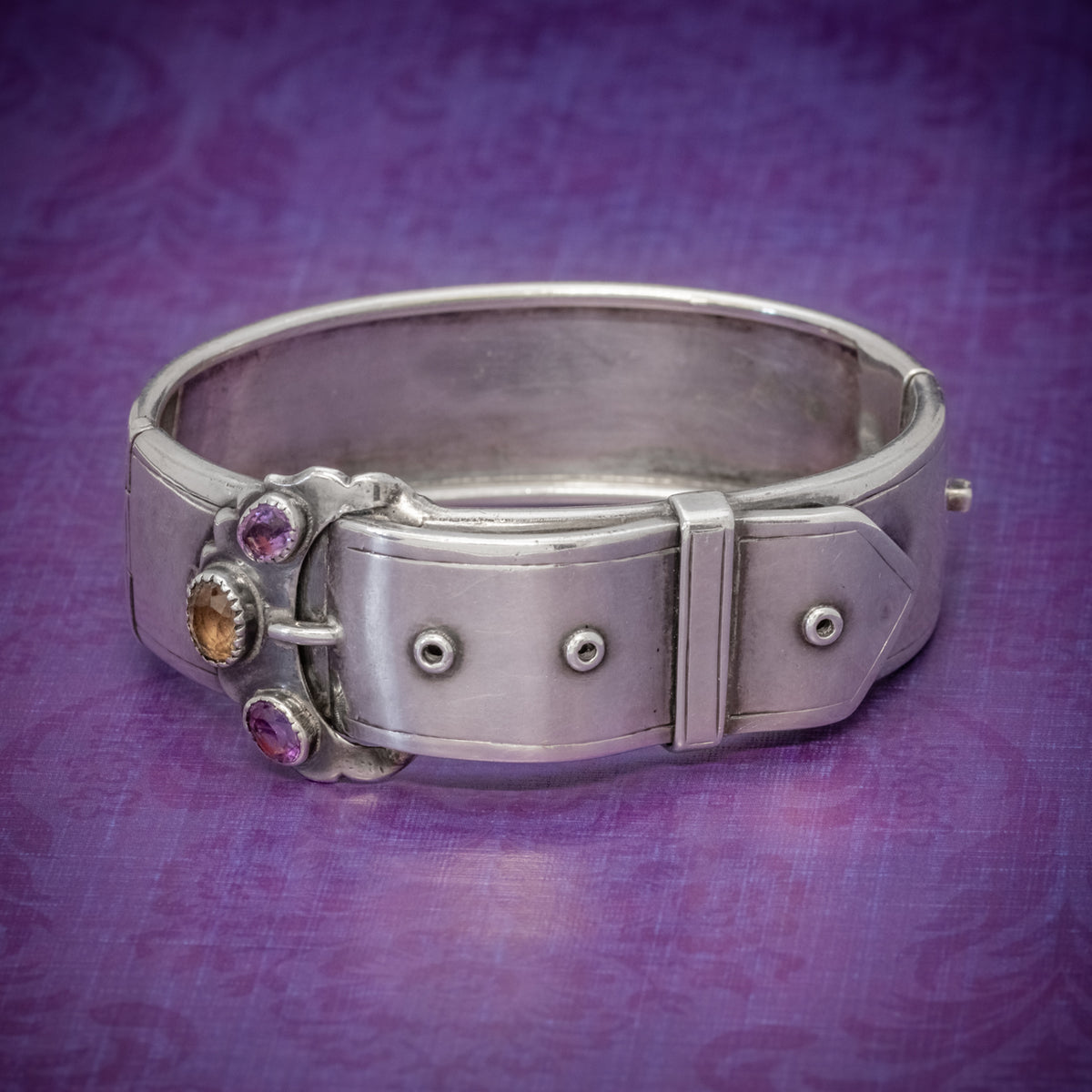 ANTIQUE VICTORIAN SCOTTISH SILVER BUCKLE BANGLE AMETHYST CITRINE CIRCA 1860 COVER Main image