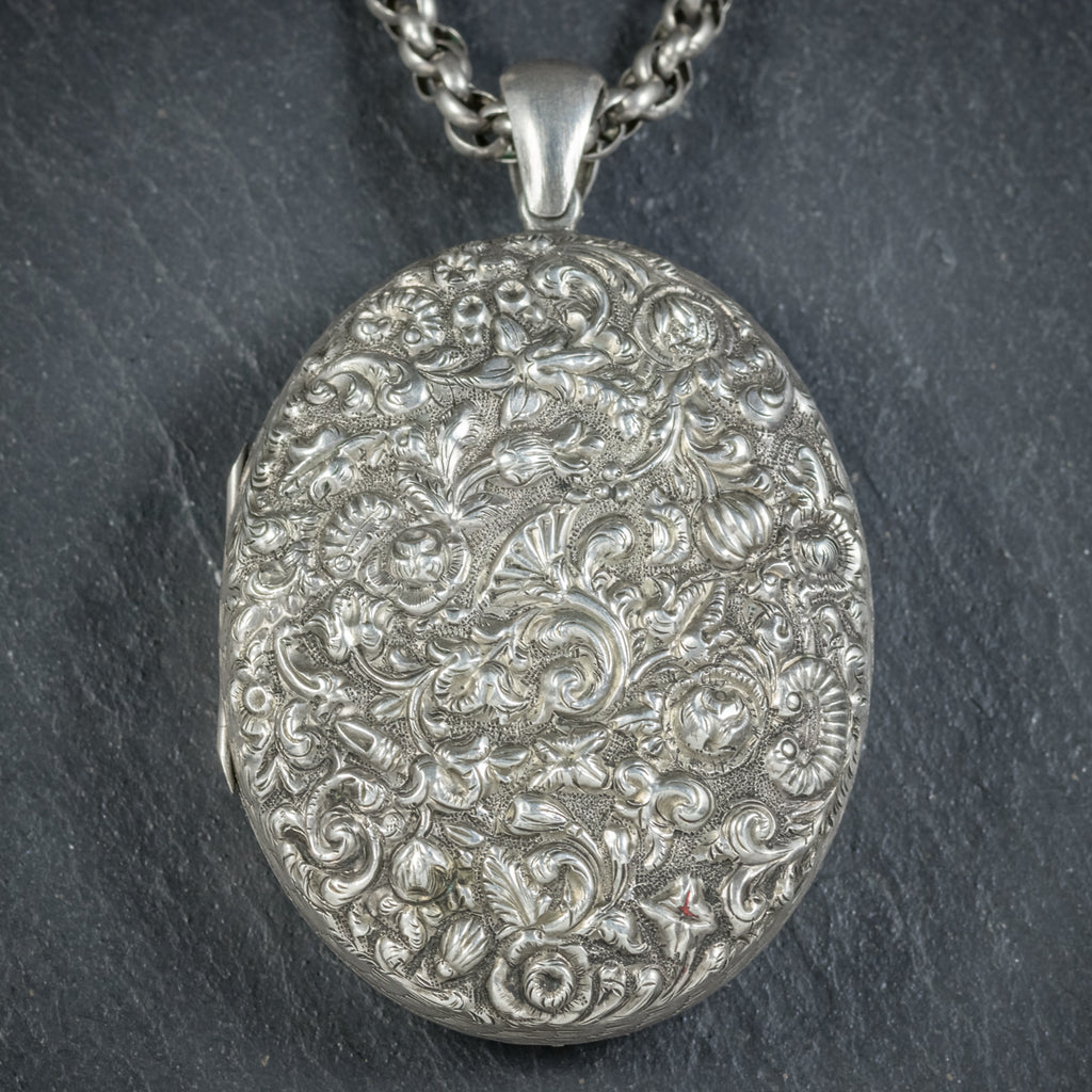 Antique Victorian Silver Floral Locket Necklace Circa 1900