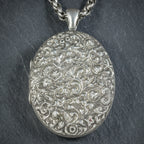 Antique Victorian Silver Floral Locket Necklace Circa 1900