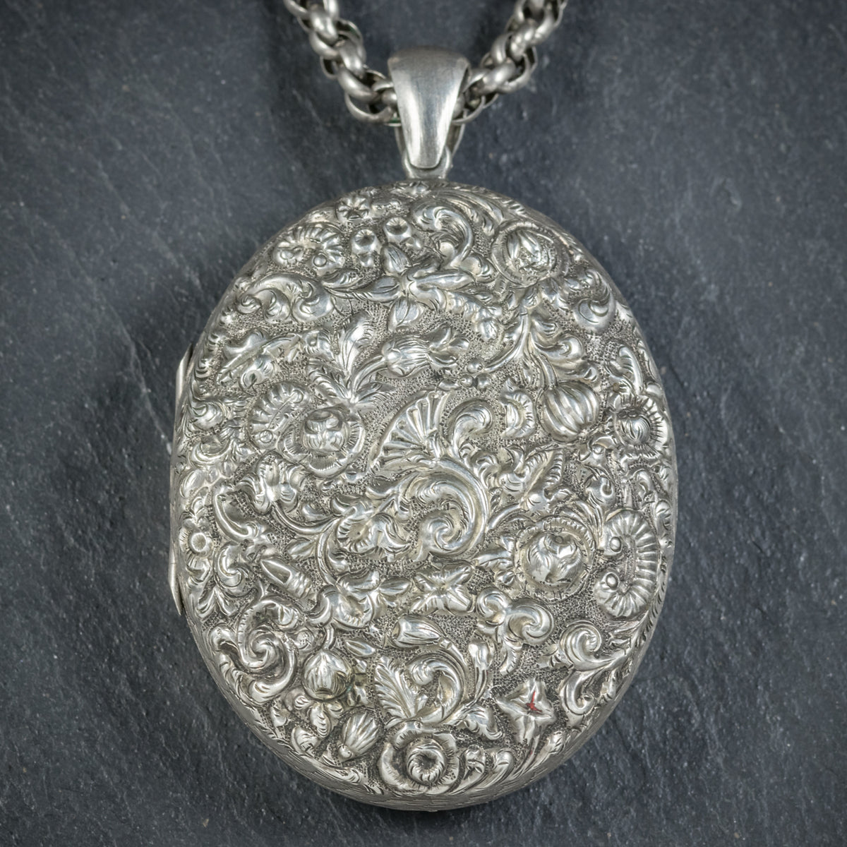 Antique Victorian Silver Floral Locket Necklace Circa 1900
