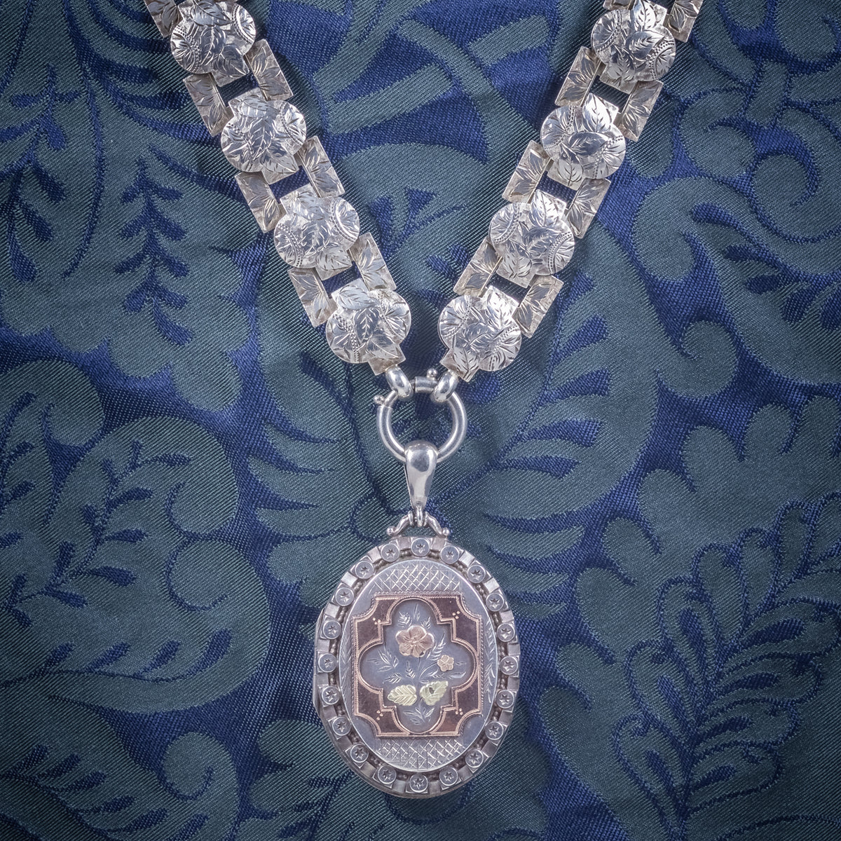 Antique Victorian Silver Locket Collar Forget Me Not Necklace Circa 1860 COVER Main image