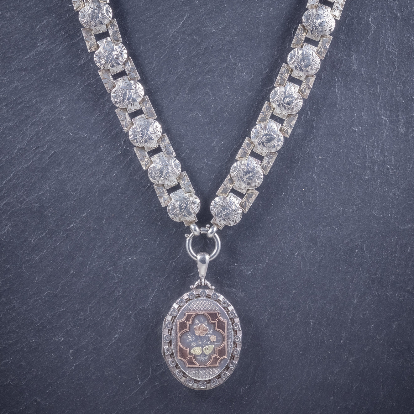 Antique Victorian Silver Locket Collar Forget Me Not Necklace Circa 1860 Secondary image