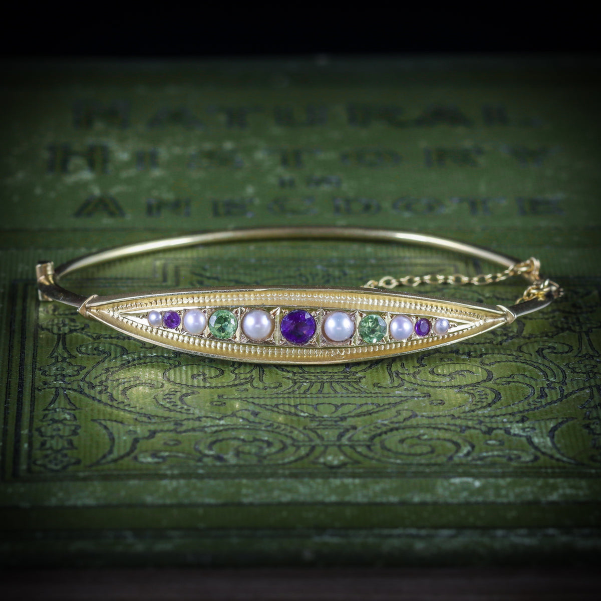ANTIQUE VICTORIAN SUFFRAGETTE BANGLE AMETHYST PEARL PERIDOT COVER Main image