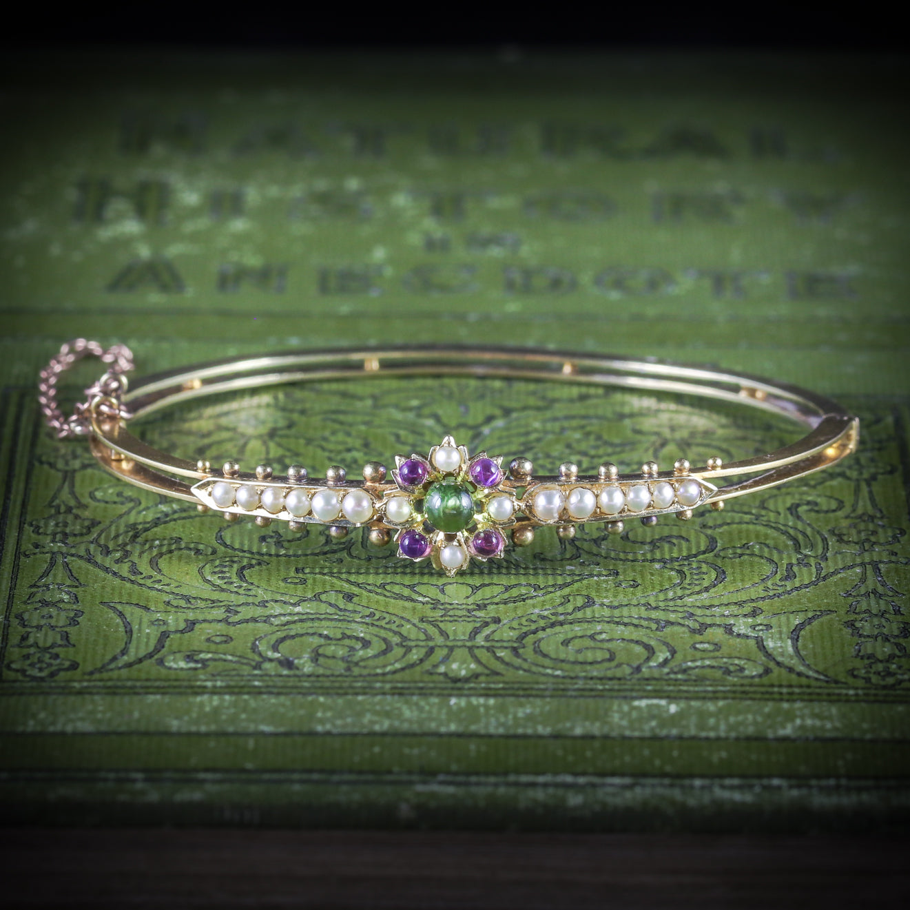 ANTIQUE VICTORIAN SUFFRAGETTE BANGLE AMETHYST PERIDOT PEARL 15CT GOLD COVER Main image