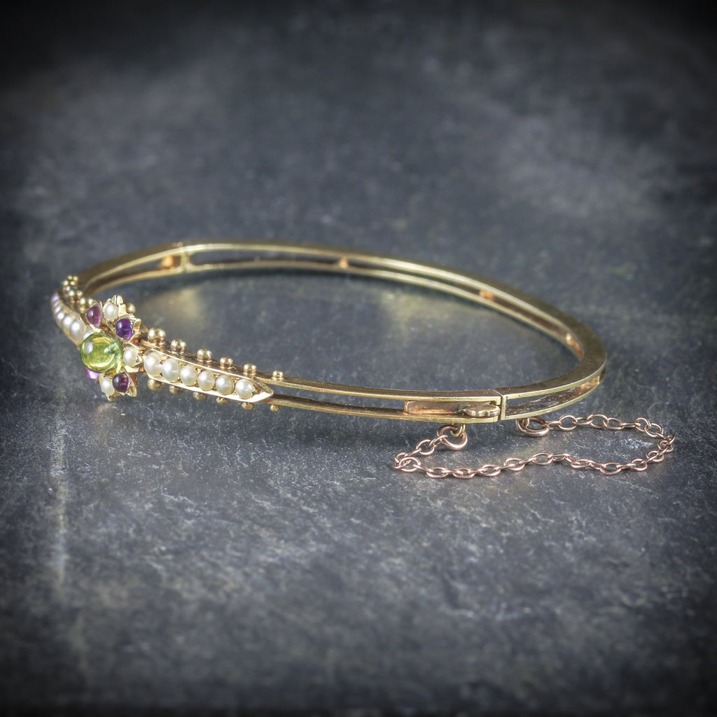 ANTIQUE VICTORIAN SUFFRAGETTE BANGLE AMETHYST PERIDOT PEARL 15CT GOLD SIDE
