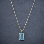 ART DECO AQUAMARINE PENDANT NECKLACE 30CT EMERALD CUT AQUA 14CT GOLD NECK
