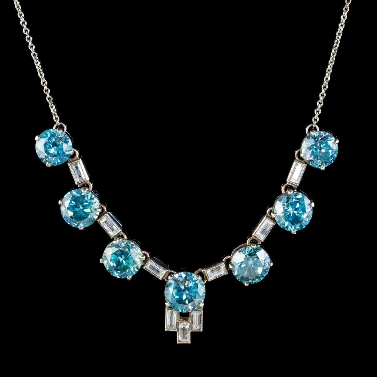 Art Deco Blue Zircon Lavaliere Necklace Silver 20Ct Of Zircon Circa 1920