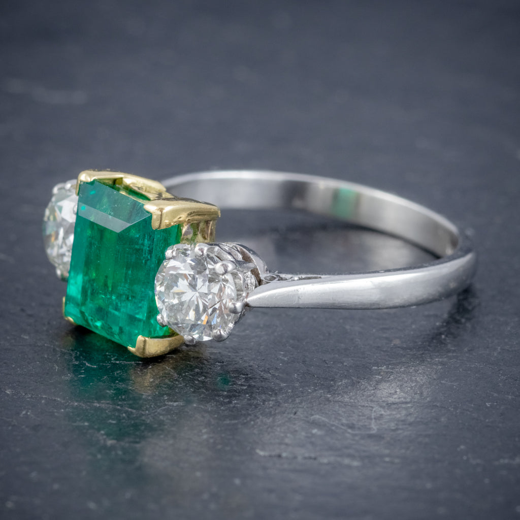 ART DECO COLOMBIAN EMERALD DIAMOND TRILOGY RING PLATINUM 18CT GOLD 2.55CT EMERALD WITH CERT SIDE