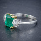 ART DECO COLOMBIAN EMERALD DIAMOND TRILOGY RING PLATINUM 18CT GOLD 2.55CT EMERALD WITH CERT SIDE