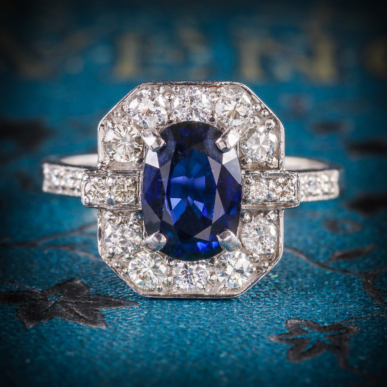 ART DECO SAPPHIRE DIAMOND RING 18CT WHITE GOLD COVER Main image