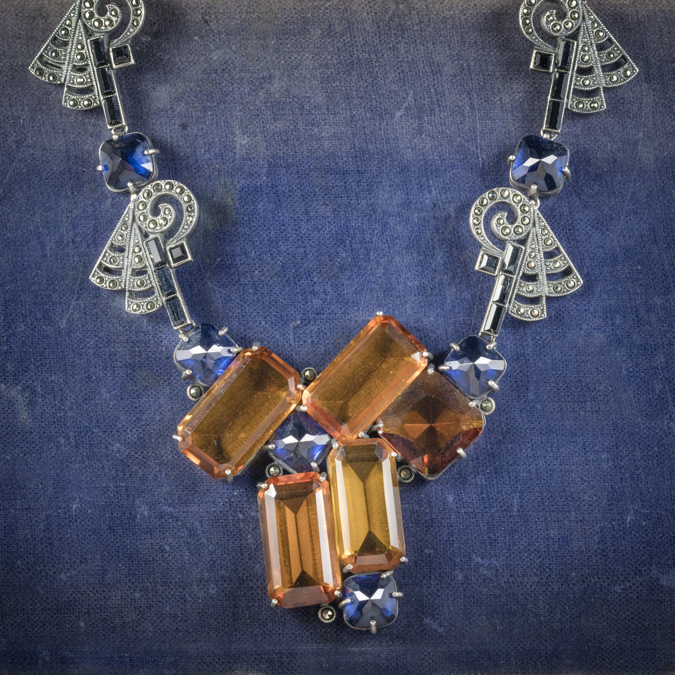 Art Deco Silver Necklace Blue Orange Paste Stones Circa 1930 cover Main image