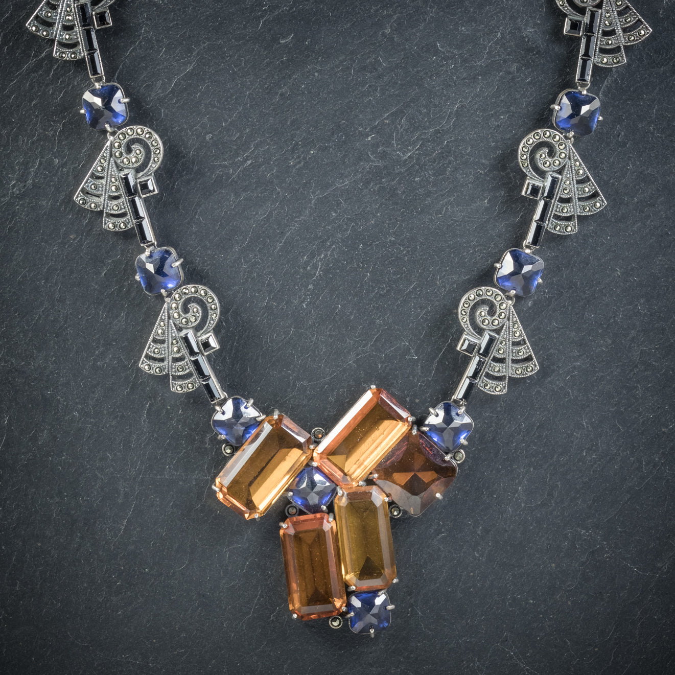 Art Deco Silver Necklace Blue Orange Paste Stones Circa 1930 Secondary image
