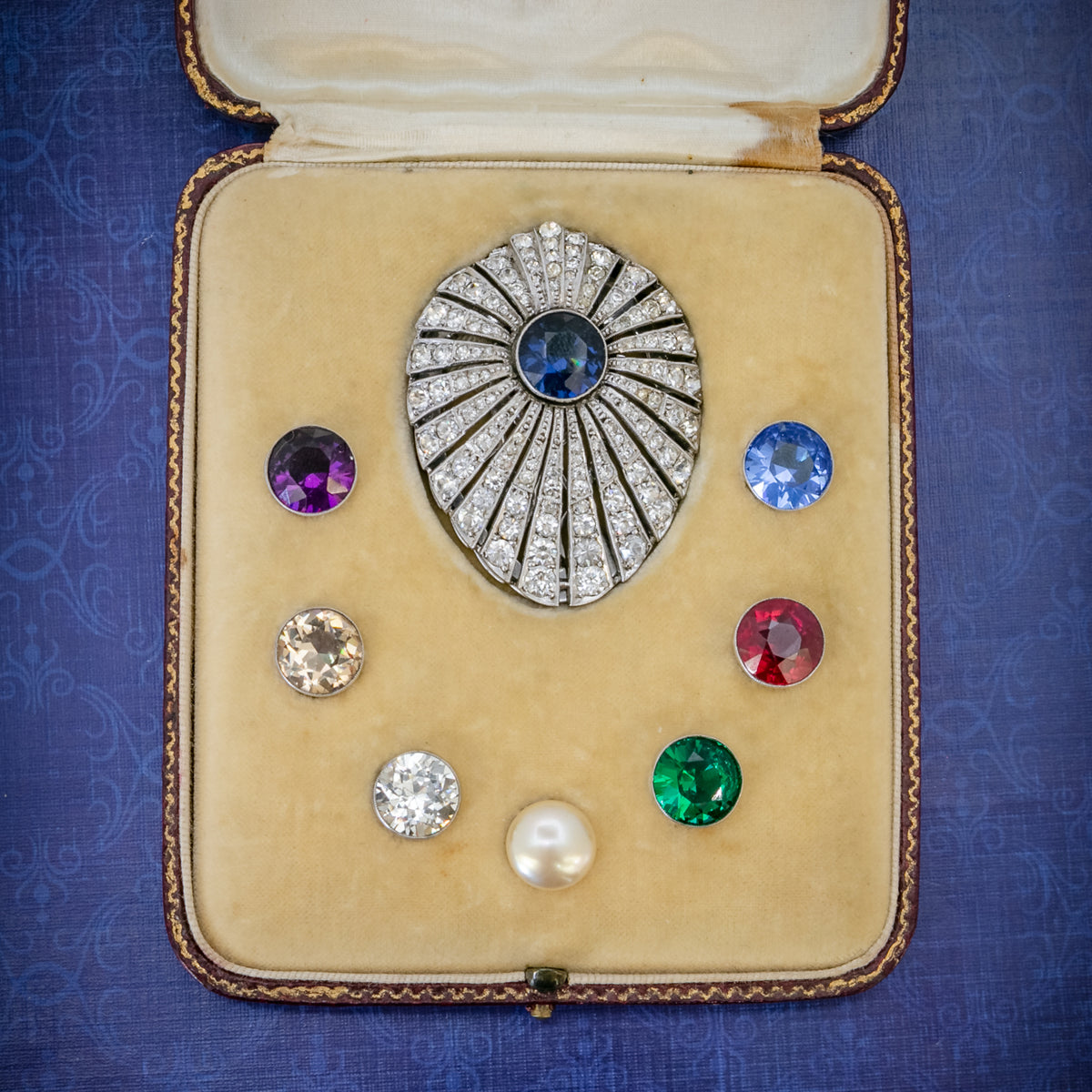 Art Deco Silver Paste Clip Changeable Stones Boxed Circa 1930 COVER Main image