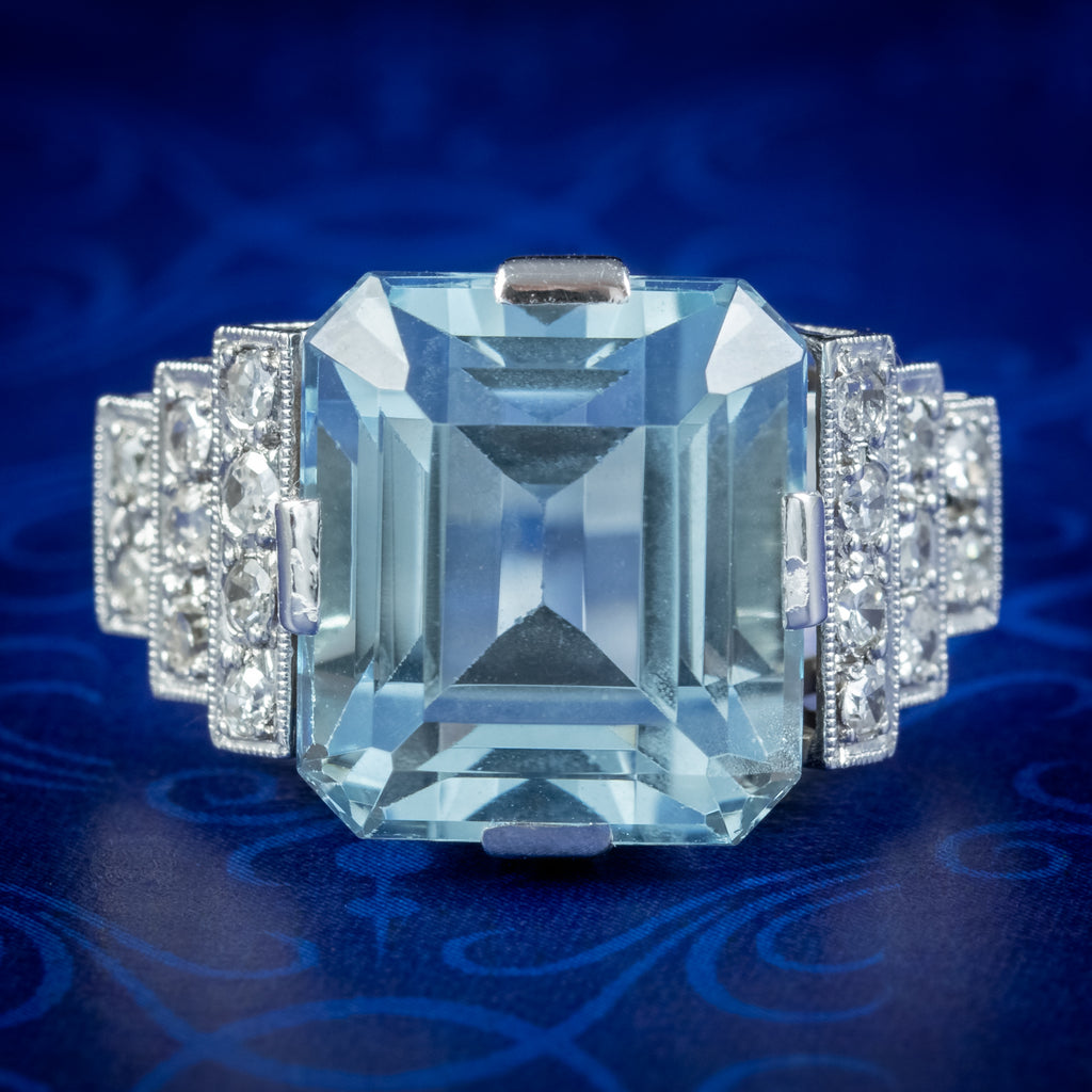 Art Deco Aquamarine Diamond Ring 7.67ct Aqua