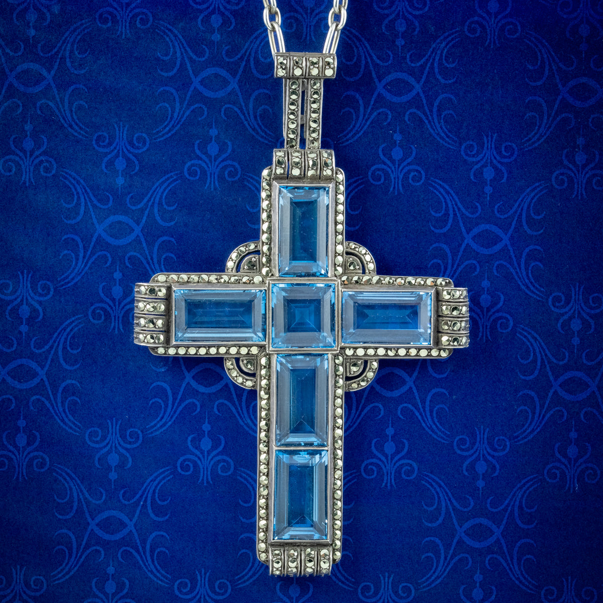 Antique Art Deco Blue Spinel Marcasite Cross Pendant Necklace By Theodor Fahrner Main image