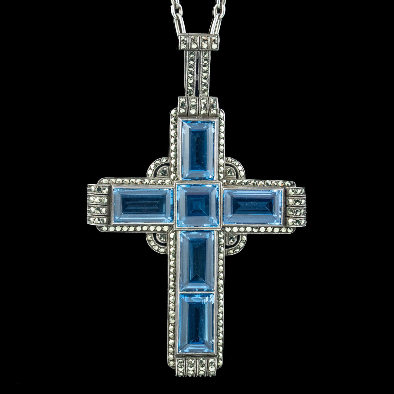 Antique Art Deco Blue Spinel Marcasite Cross Pendant Necklace By Theodor Fahrner Secondary image