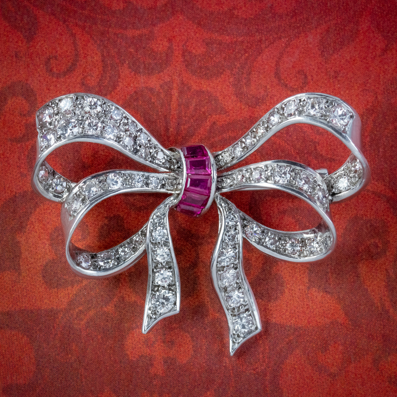 Antique Art Deco Diamond Ruby Bow Brooch 4ct Of Diamond  Main image
