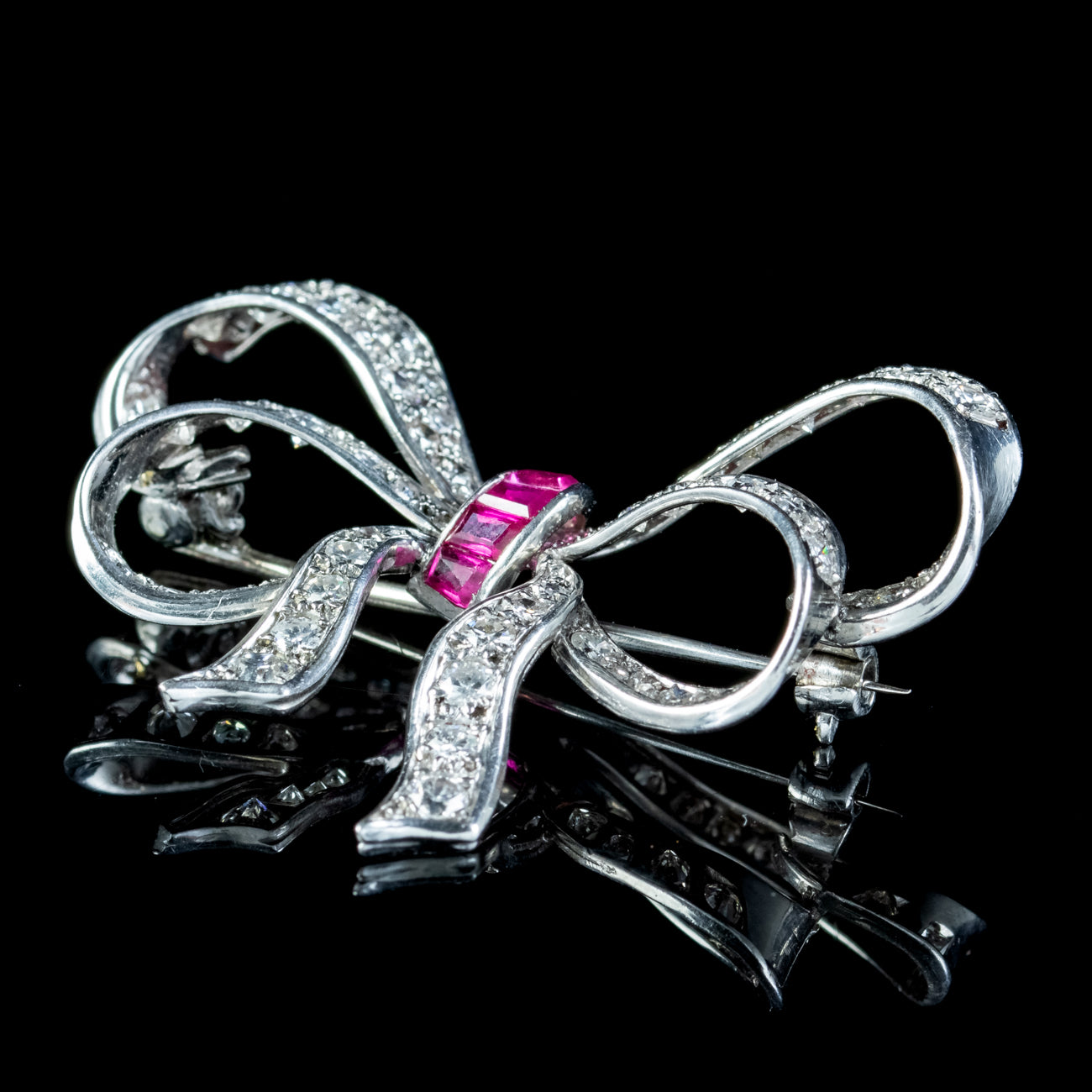 Antique Art Deco Diamond Ruby Bow Brooch 4ct Of Diamond 