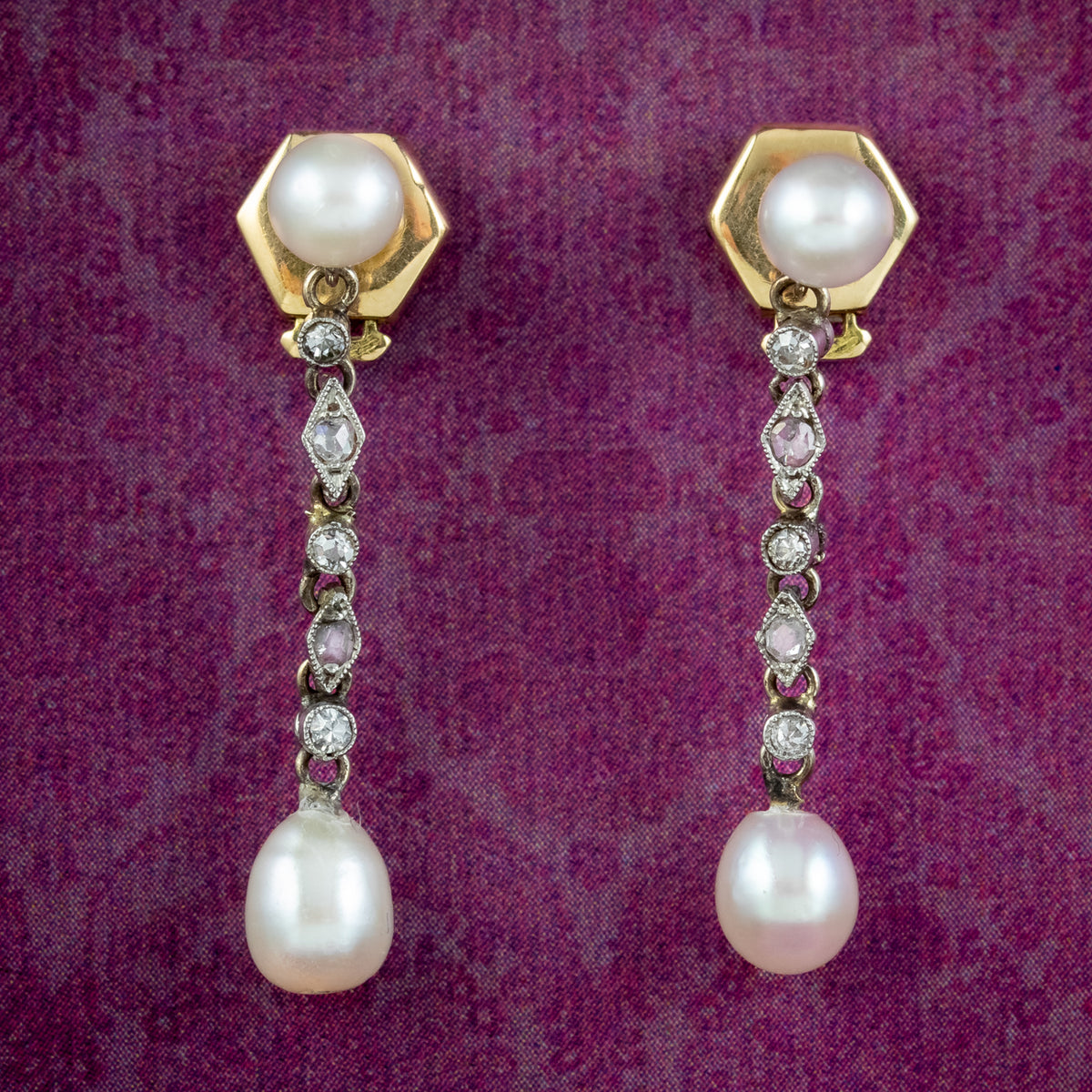 Antique Art Deco French Pearl Diamond Drop Earrings Main image