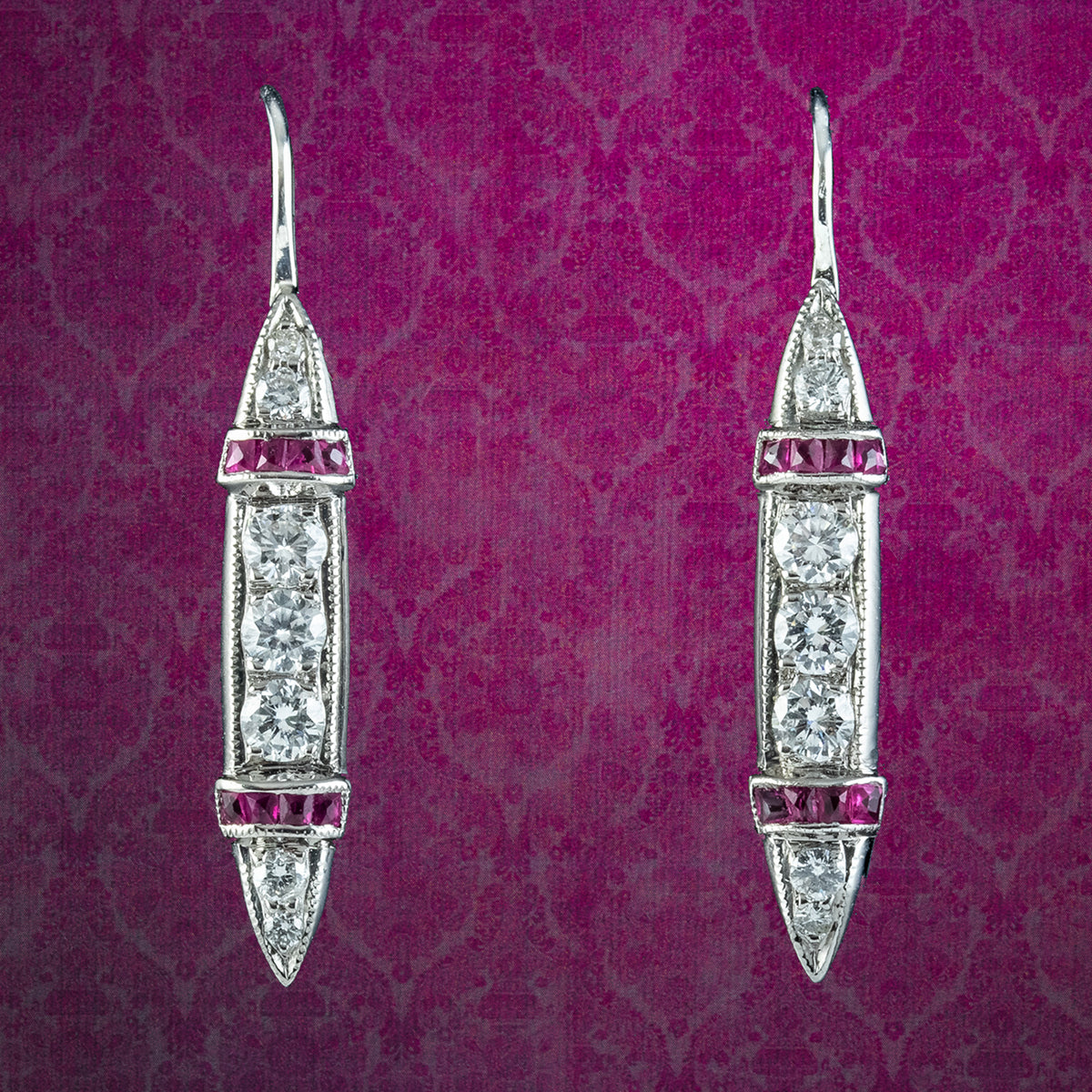 Antique Art Deco Ruby Diamond Drop Earrings 18ct Gold With Box Main image