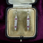 Antique Art Deco Ruby Diamond Drop Earrings 18ct Gold With Box