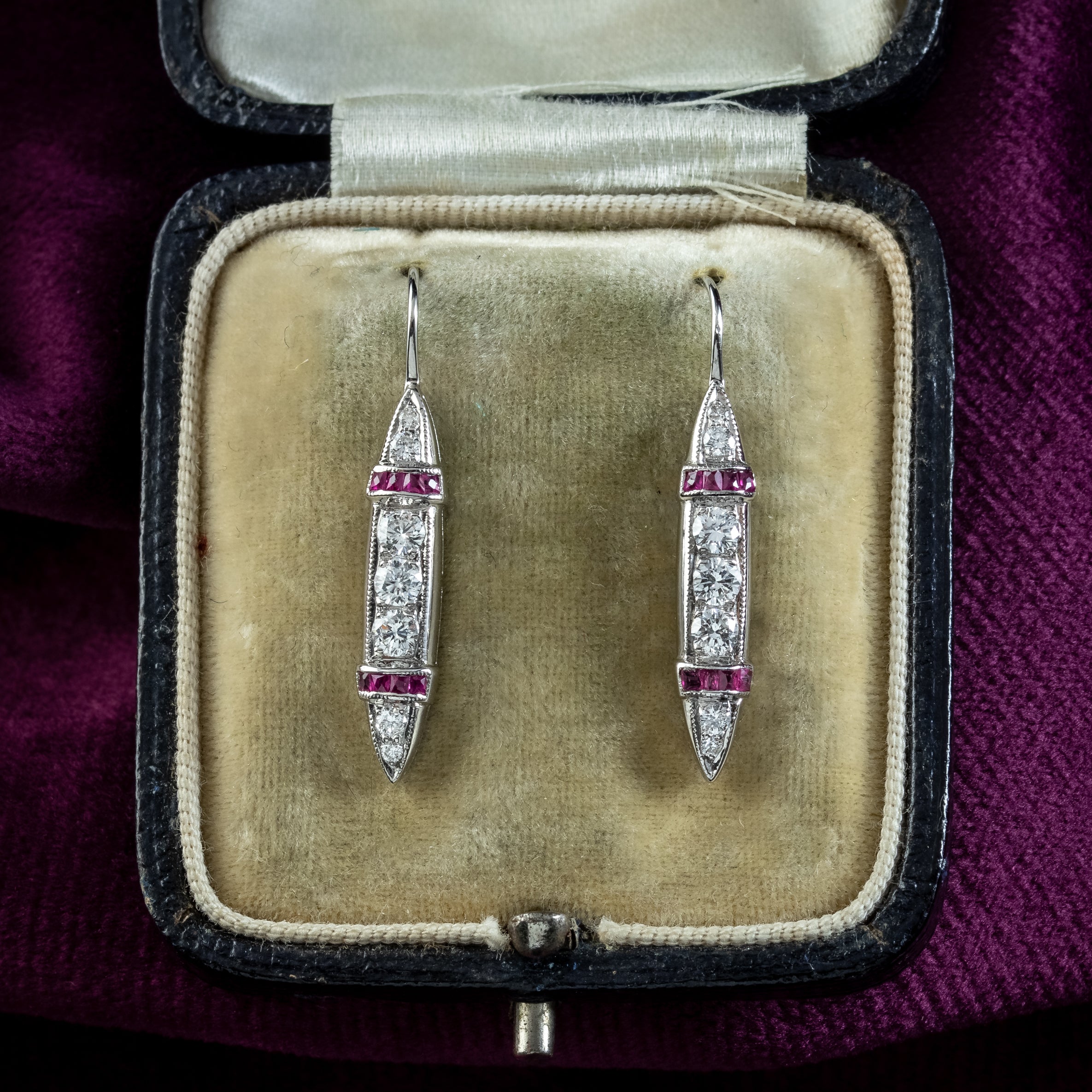 Antique Art Deco Ruby Diamond Drop Earrings 18ct Gold With Box
