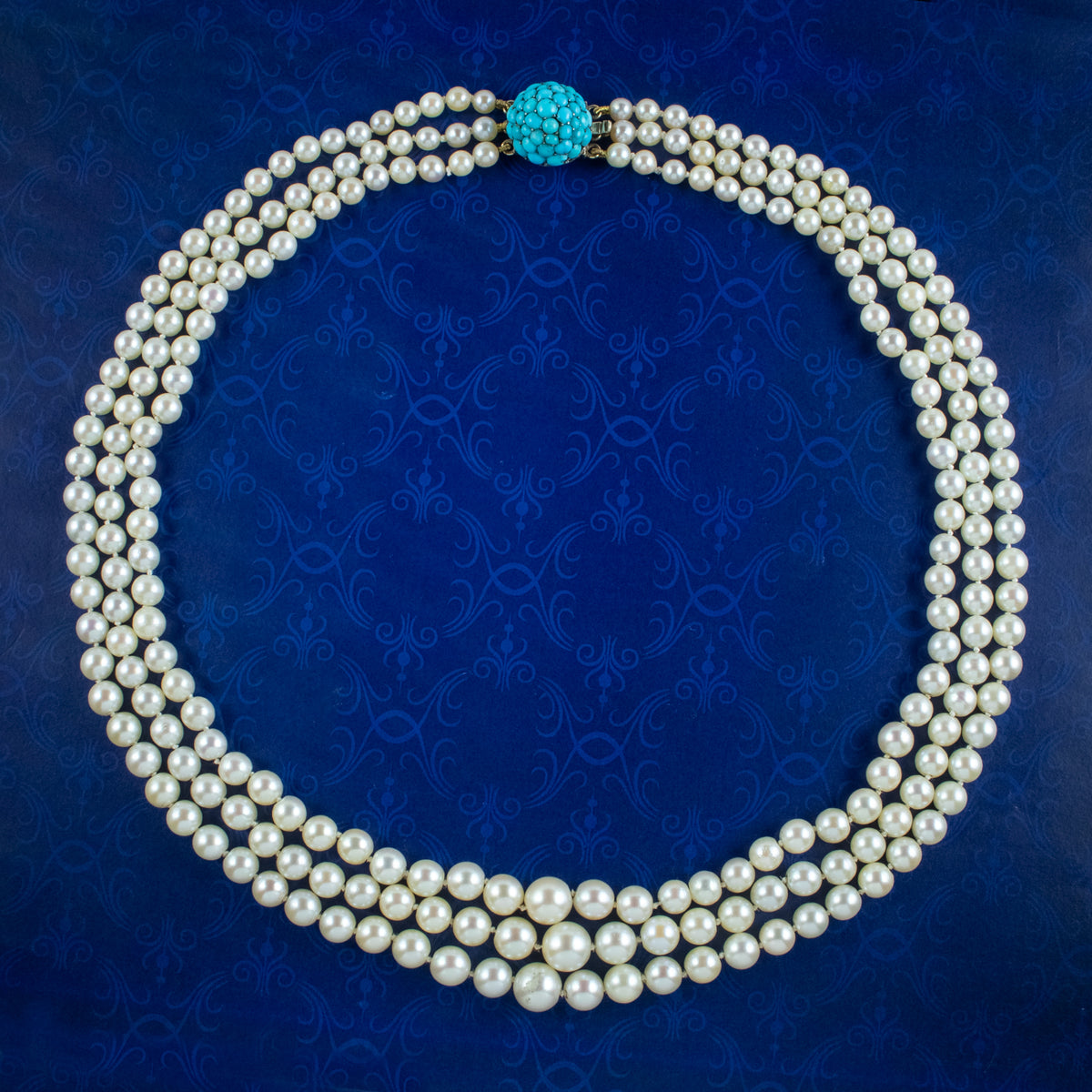 Antique Art Deco Triple Strand Pearl Necklace With 9ct Gold Turquoise Clasp  Main image