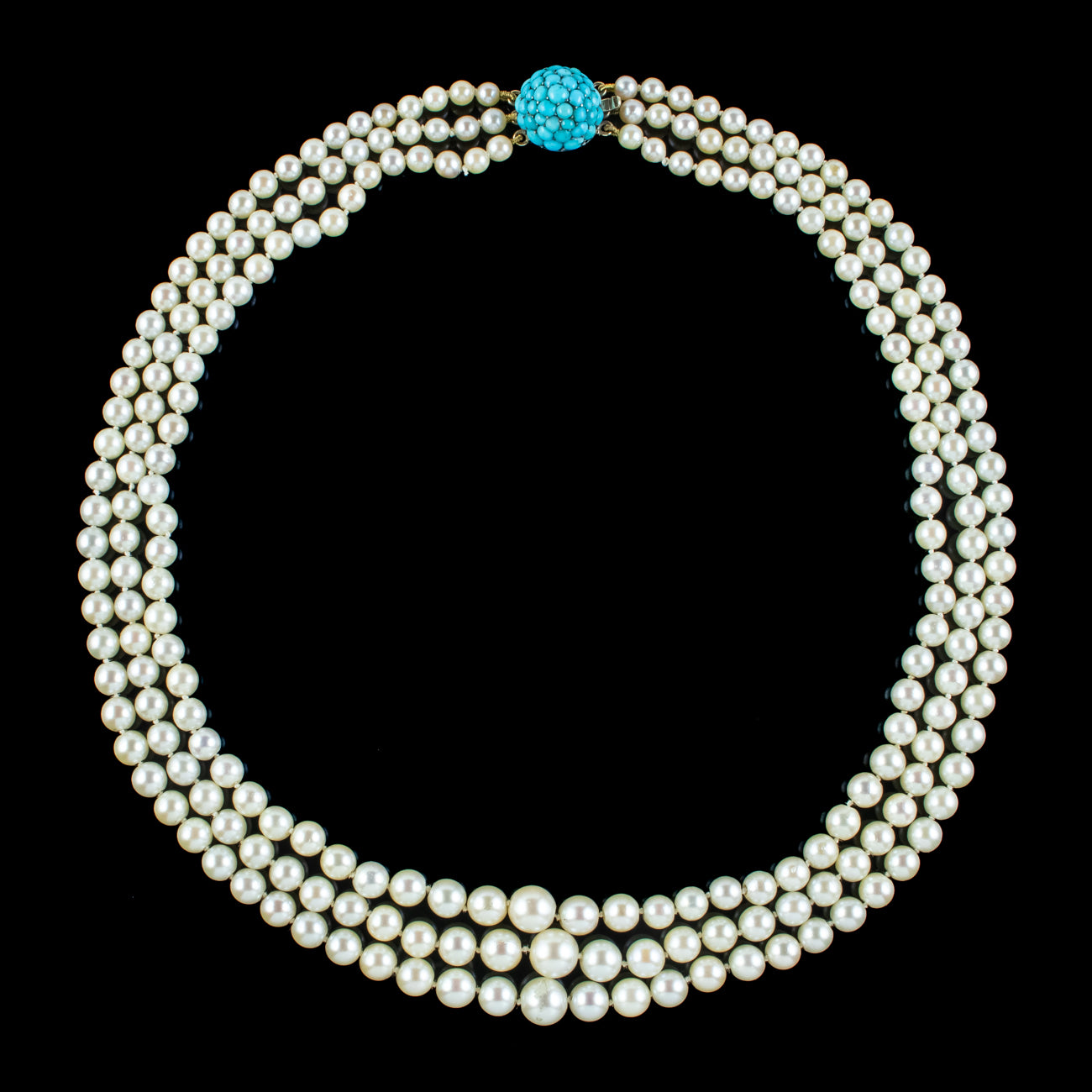 Antique Art Deco Triple Strand Pearl Necklace With 9ct Gold Turquoise Clasp Secondary image