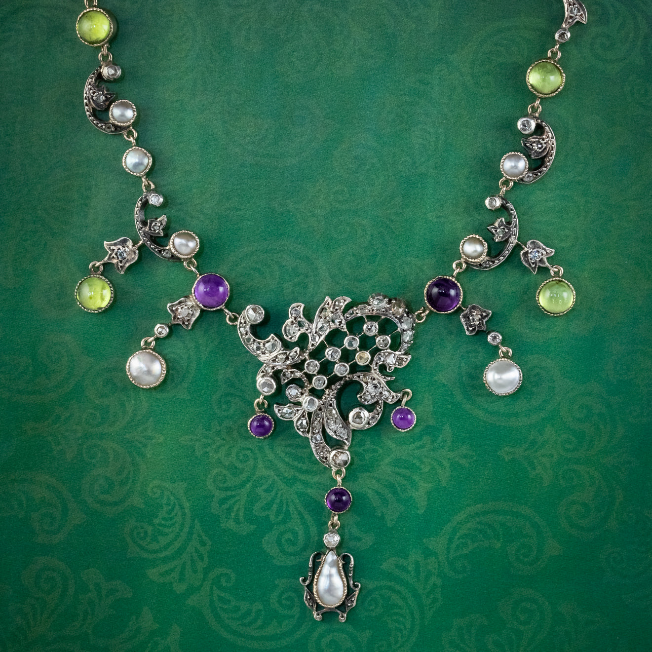 Antique Art Nouveau Suffragette Garland Necklace Diamond Pearl Amethyst Peridot Silver Circa 1915 Main image